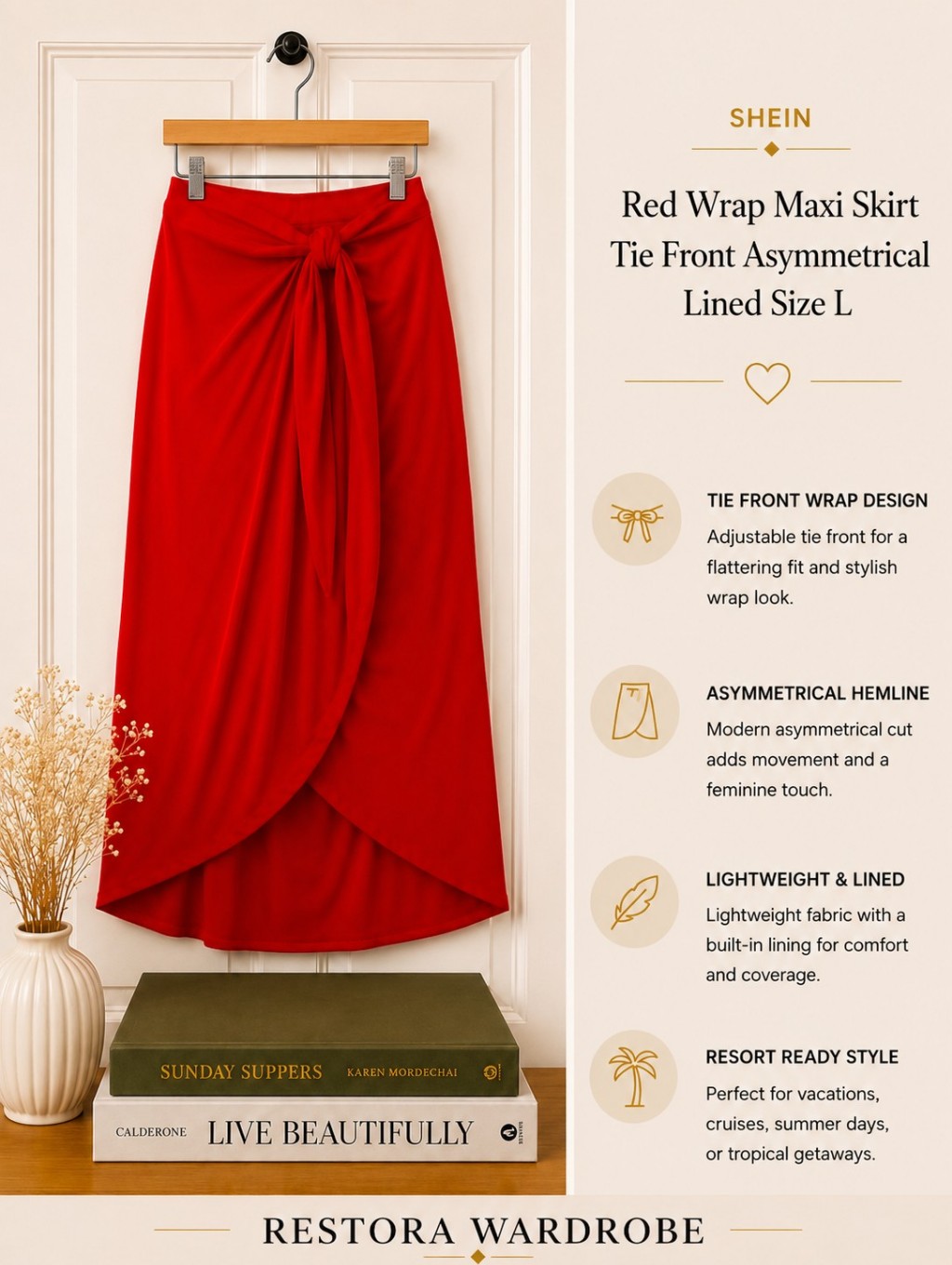 Shein Red High Waist Wrap Maxi Skirt Size L Asymmetrical Draped Tie Front